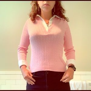 Pink Collared Cableknit Sweater Shirt by Lauren RL